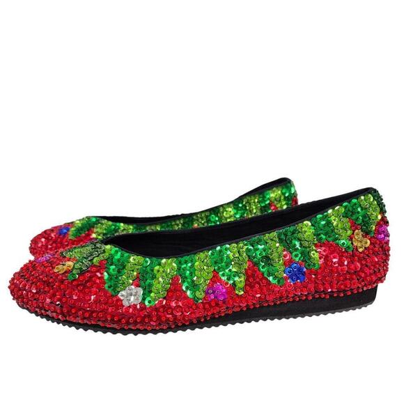 NWOT Charlie England City Sequined Holiday Flats Red/Green Ruby Slippers 9 - Picture 2 of 7